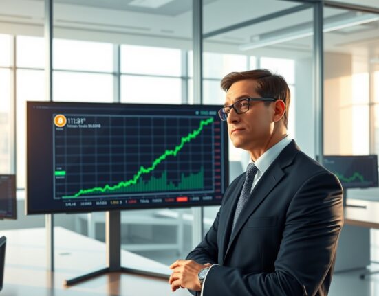 Institutional investor analyzing Bitcoin price charts on a digital display, reflecting the Coinbase report on Bitcoin undervalued by institutions despite AI hacking risks.