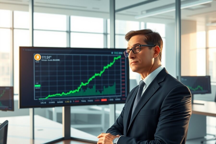 Institutional investor analyzing Bitcoin price charts on a digital display, reflecting the Coinbase report on Bitcoin undervalued by institutions despite AI hacking risks.