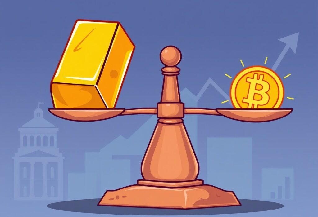 A cartoon scale balancing Bitcoin undervalued against gold, illustrating its potential for significant growth.