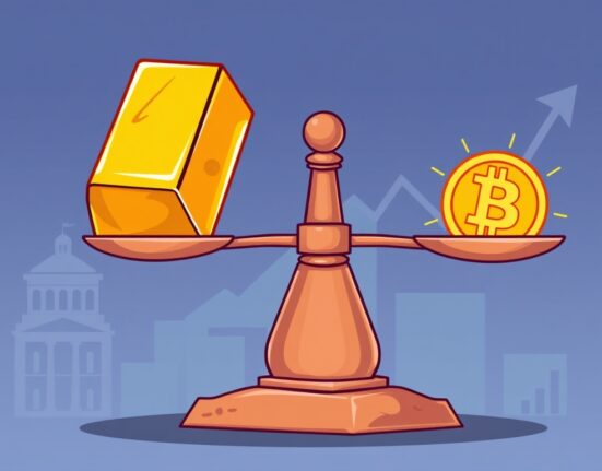 A cartoon scale balancing Bitcoin undervalued against gold, illustrating its potential for significant growth.