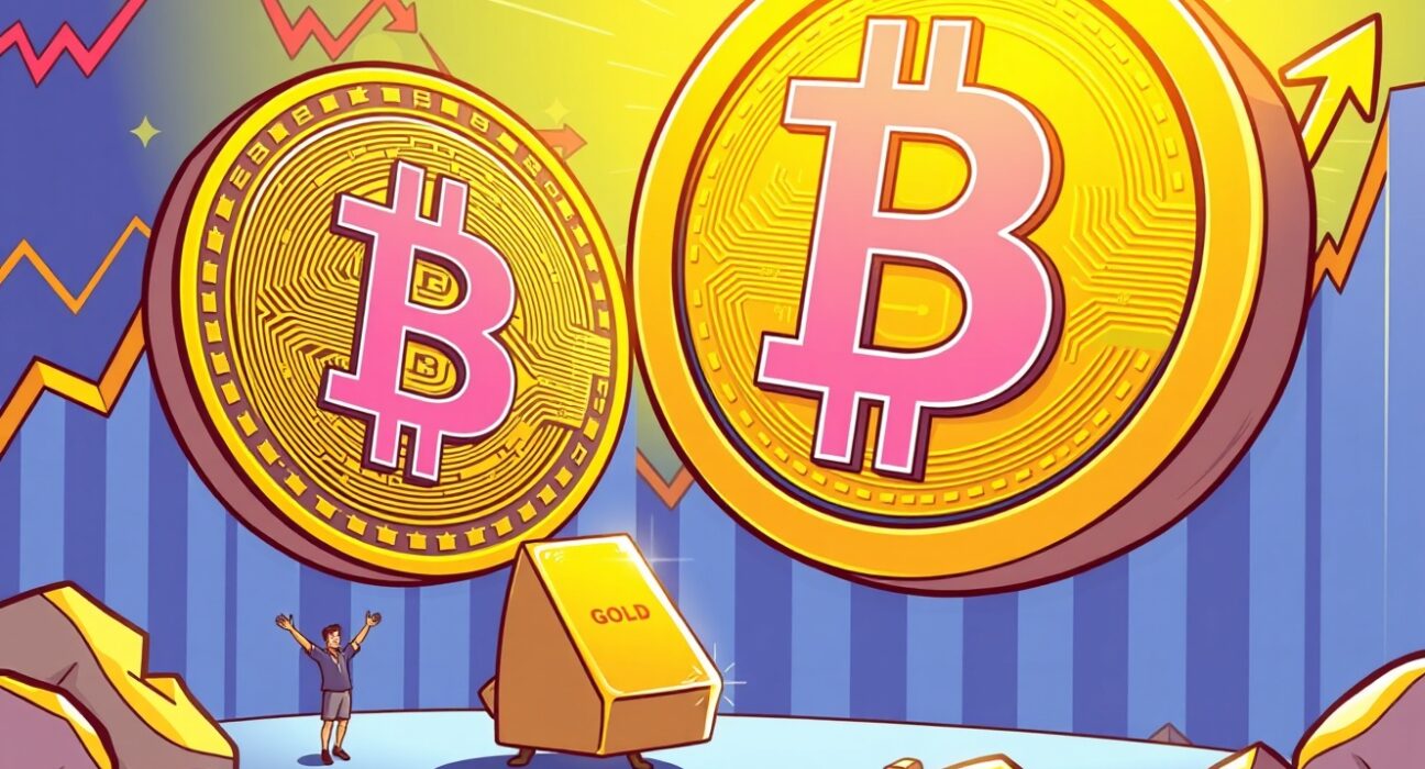 Bitcoin undervalued compared to gold in vibrant financial cartoon illustration