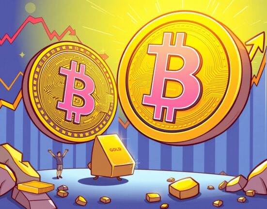 Bitcoin undervalued compared to gold in vibrant financial cartoon illustration