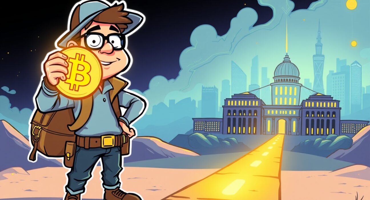 A cartoon explorer confidently navigating the path to long-term investment in an undervalued Bitcoin landscape.