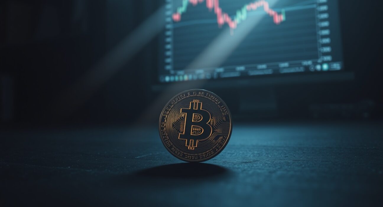 Bitcoin coin on wooden table with blurred chart monitor in background representing undervalued market zone