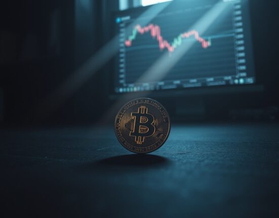 Bitcoin coin on wooden table with blurred chart monitor in background representing undervalued market zone