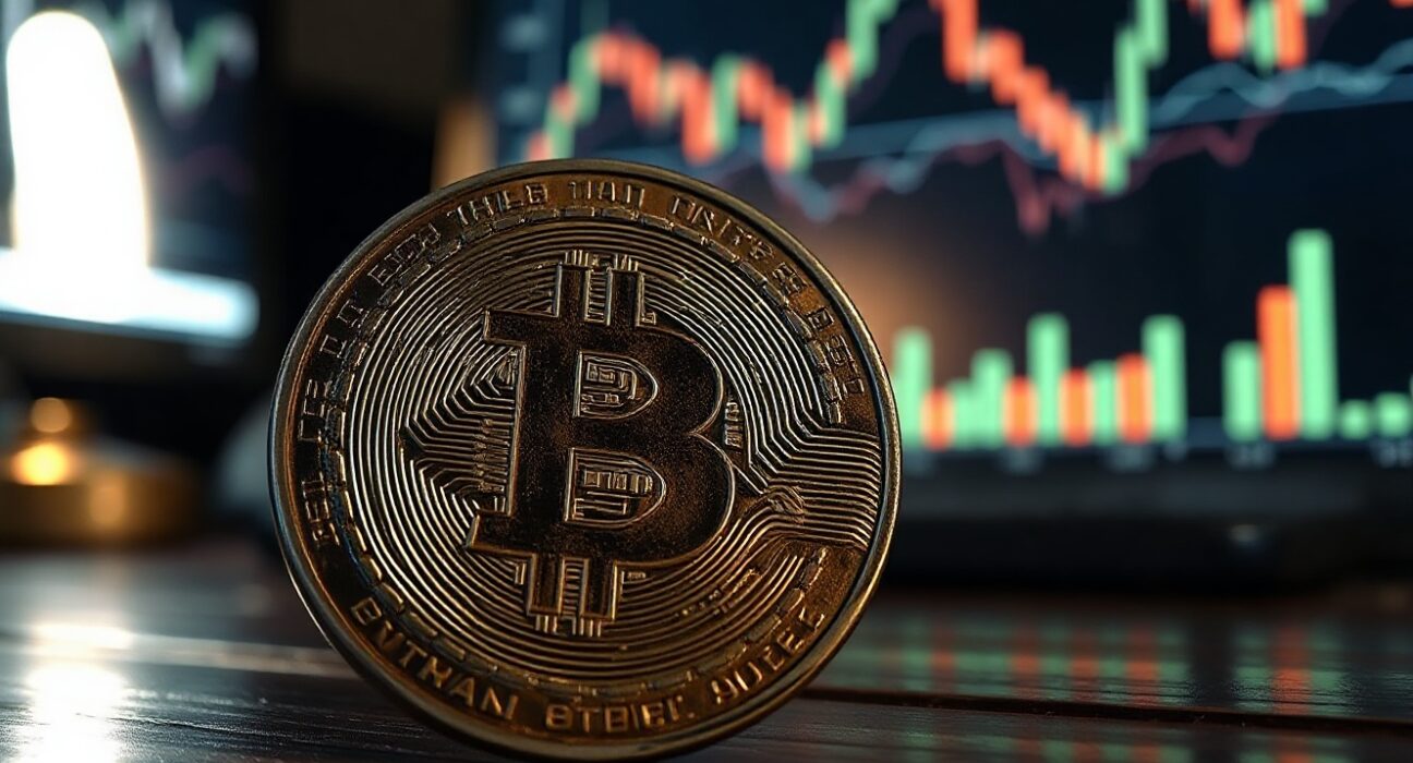 A weathered Bitcoin coin on a dark surface under a desk lamp, representing undervaluation and long-term investment.