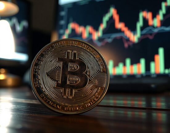 A weathered Bitcoin coin on a dark surface under a desk lamp, representing undervaluation and long-term investment.