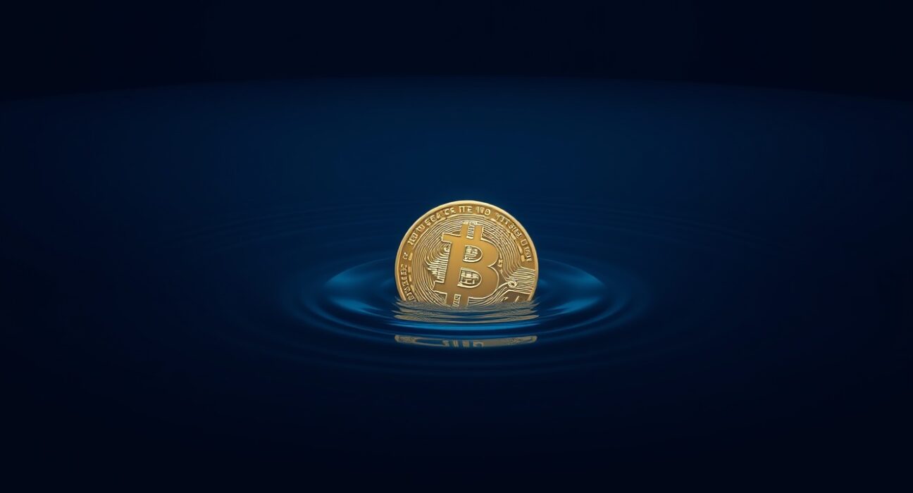 Bitcoin coin partially submerged in water symbolizing undervaluation