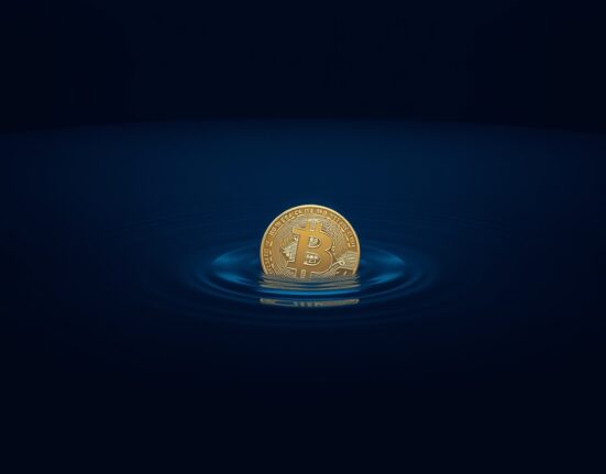 Bitcoin coin partially submerged in water symbolizing undervaluation