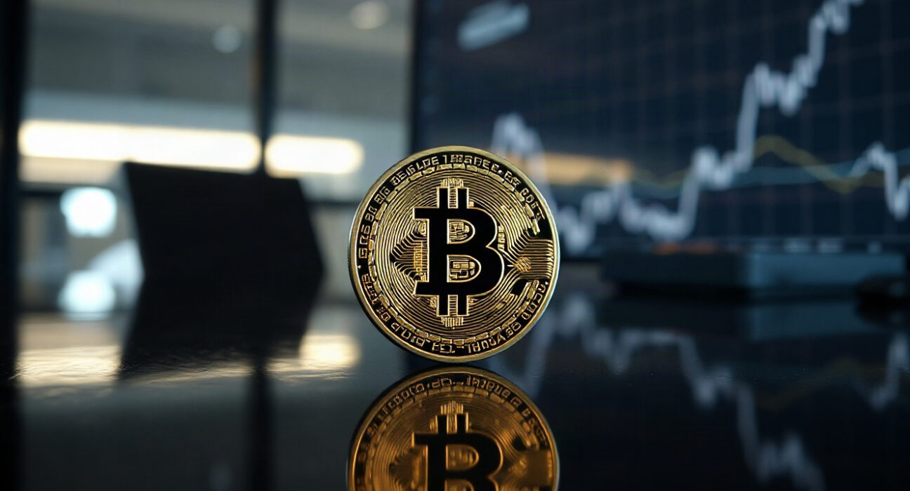 Bitcoin coin on reflective surface with blurred price chart in background