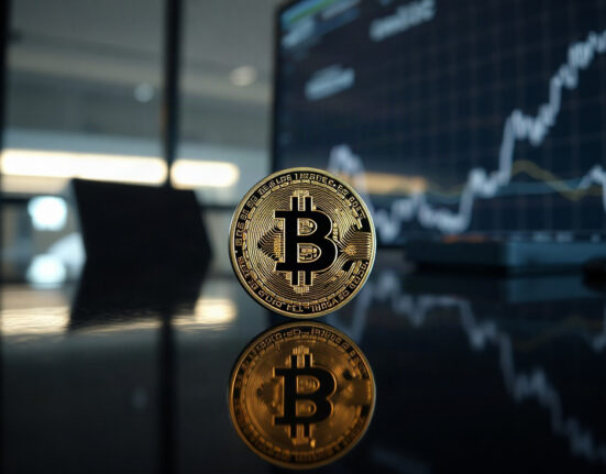 Bitcoin coin on reflective surface with blurred price chart in background