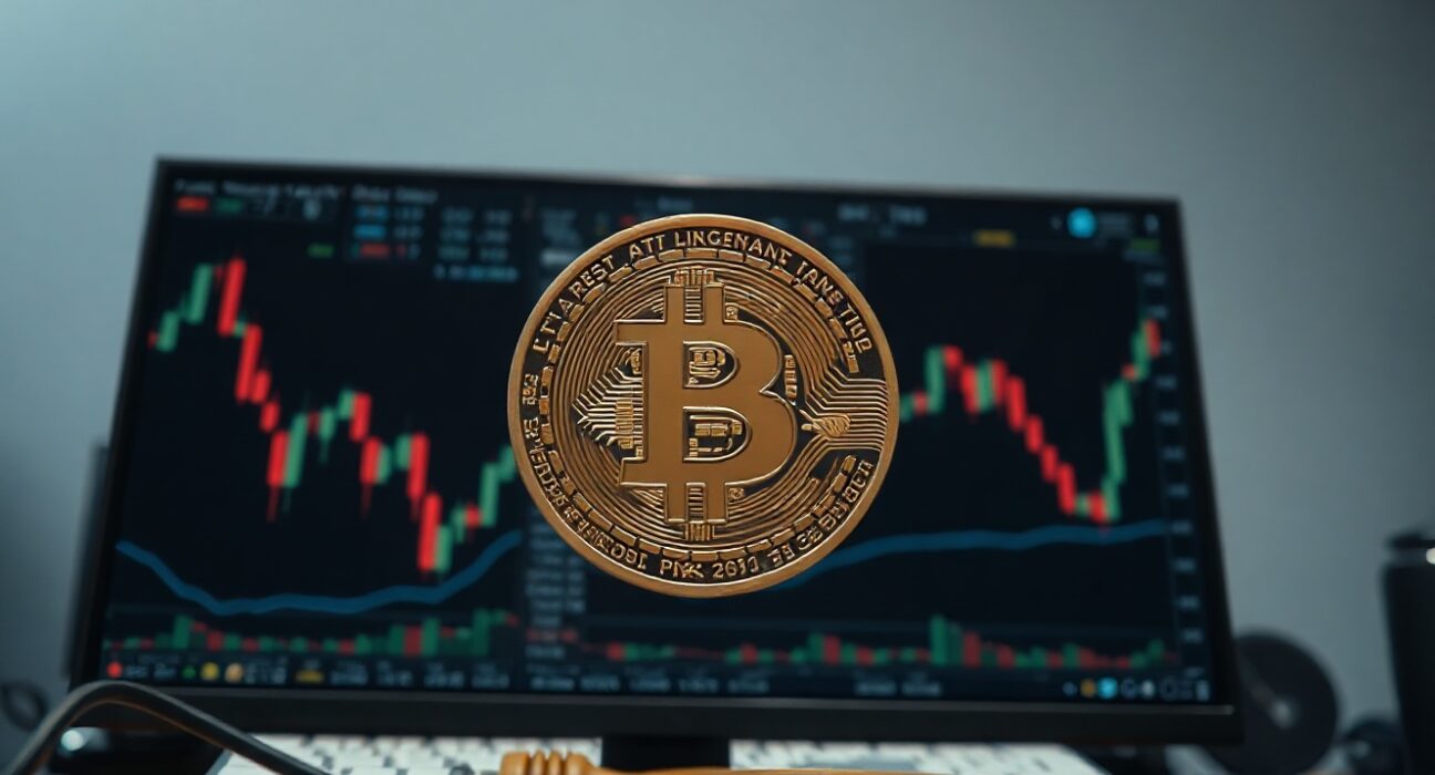Bitcoin coin in foreground with market charts in background, illustrating market stress analysis