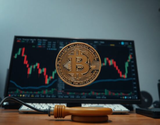 Bitcoin coin in foreground with market charts in background, illustrating market stress analysis