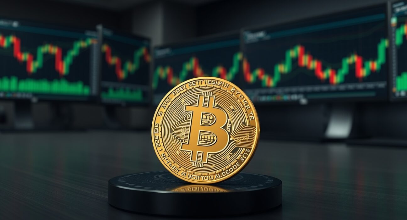 Bitcoin coin on wooden table with blurred trading monitors in background