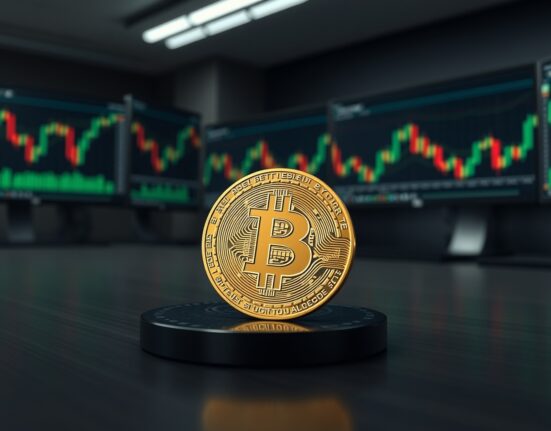 Bitcoin coin on wooden table with blurred trading monitors in background