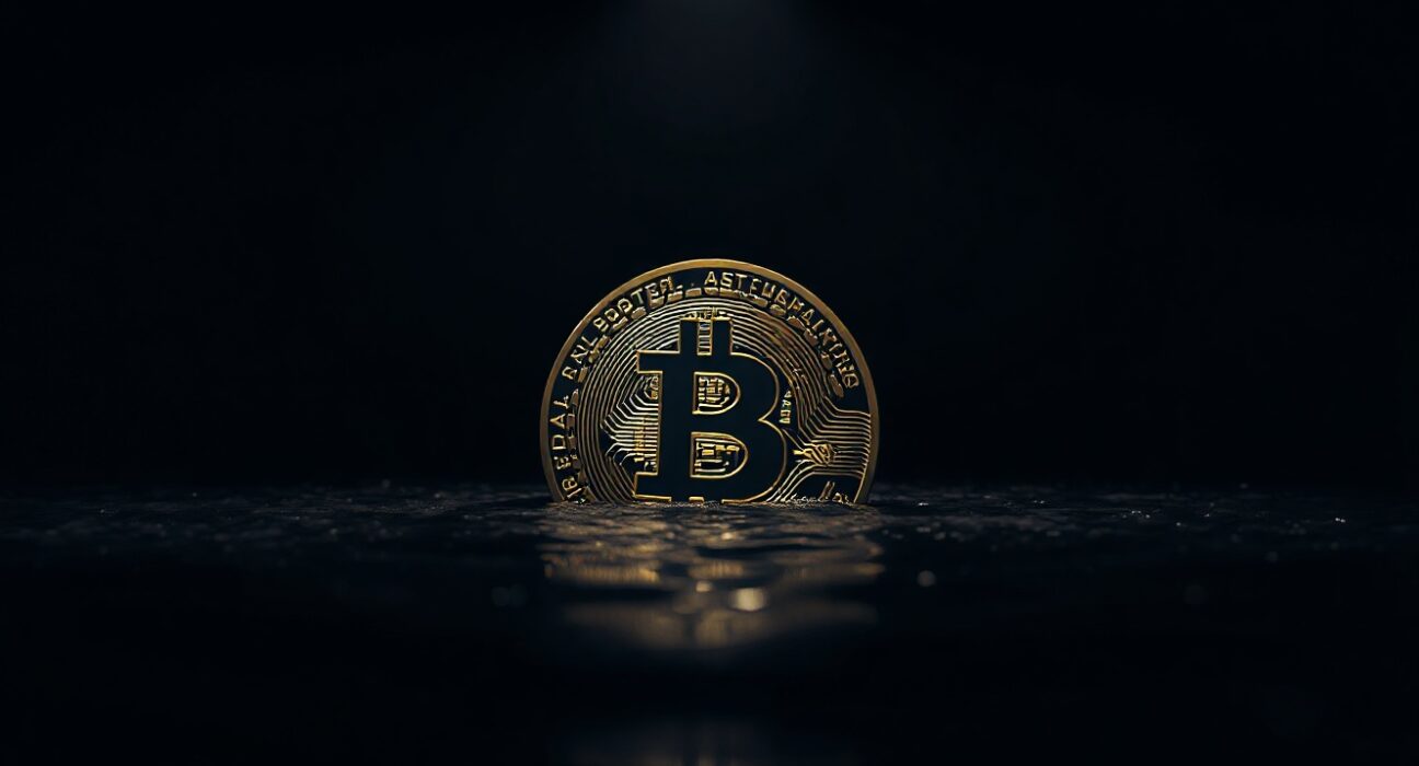 Bitcoin coin partially submerged in dark water, representing unrealized losses and bear market conditions.