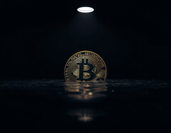 Bitcoin coin partially submerged in dark water, representing unrealized losses and bear market conditions.