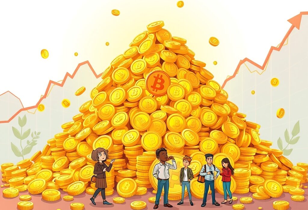 Cartoon illustration depicting a massive pile of gold coins and Bitcoin symbols, representing record Bitcoin unrealized profits.