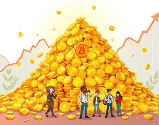Cartoon illustration depicting a massive pile of gold coins and Bitcoin symbols, representing record Bitcoin unrealized profits.