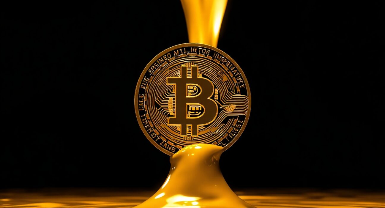 Bitcoin coin glowing in rising golden liquid, representing unrealized profits and market pressure.