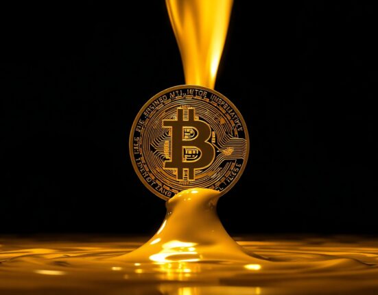Bitcoin coin glowing in rising golden liquid, representing unrealized profits and market pressure.