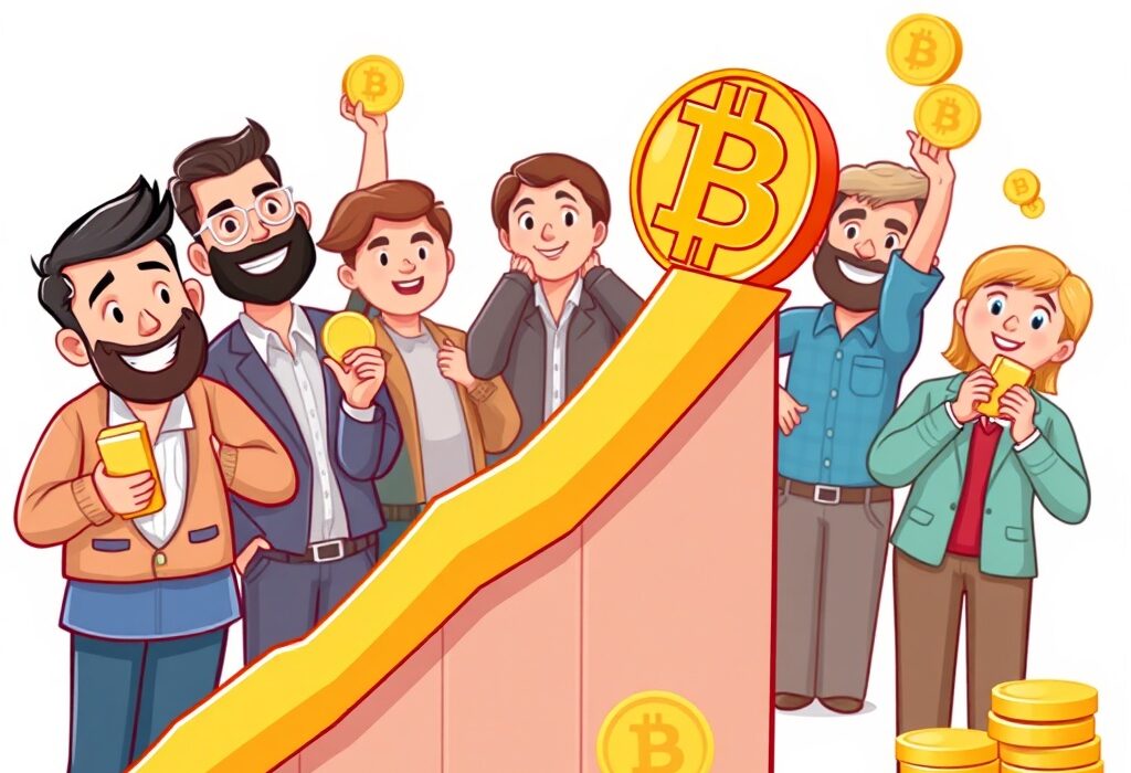 Cartoon illustration showing a golden bar and a Bitcoin symbol rising together, signifying a strong Bitcoin uptrend and diversified investment.