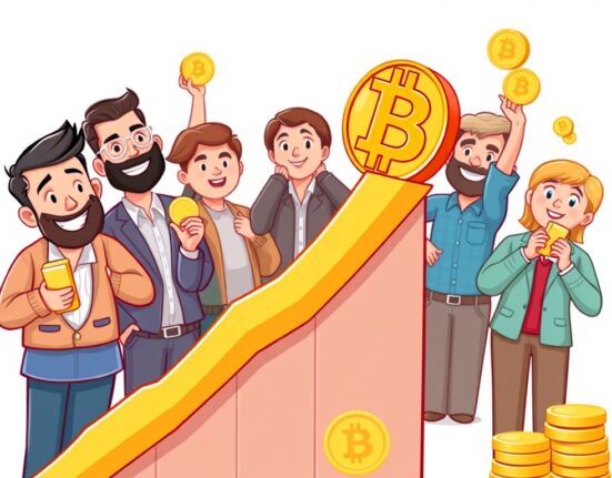 Cartoon illustration showing a golden bar and a Bitcoin symbol rising together, signifying a strong Bitcoin uptrend and diversified investment.