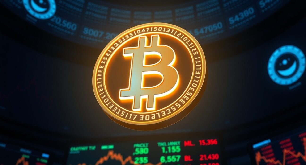 Bitcoin symbol on a digital trading board with price charts