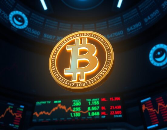 Bitcoin symbol on a digital trading board with price charts