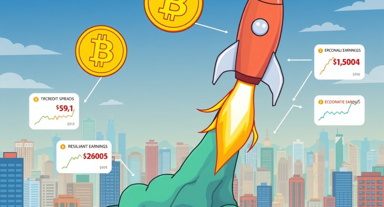 A visual representation of economic indicators, like declining credit spreads, supporting strong Bitcoin upward momentum and price growth.