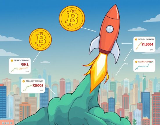 A visual representation of economic indicators, like declining credit spreads, supporting strong Bitcoin upward momentum and price growth.