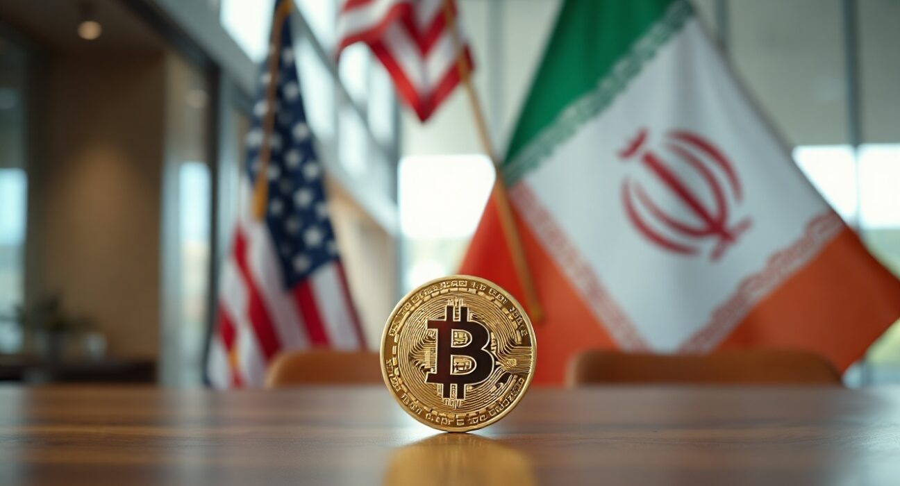 Bitcoin coin in focus with blurred US and Iranian flags in background