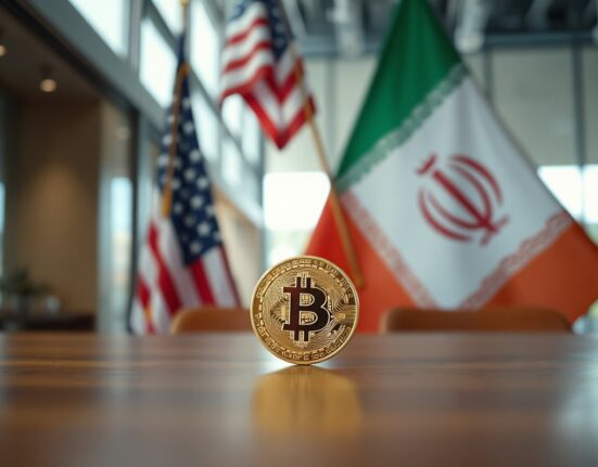 Bitcoin coin in focus with blurred US and Iranian flags in background