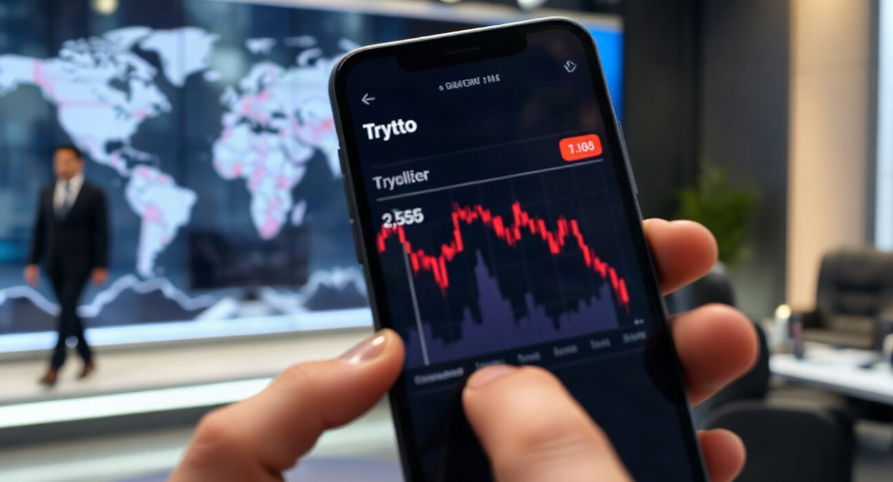 Bitcoin price chart on a smartphone amid geopolitical news backdrop