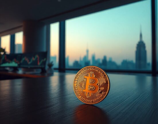 Bitcoin coin on a desk with a blurred financial chart monitor and city skyline in the background