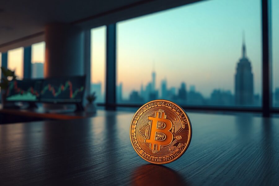 Bitcoin coin on a desk with a blurred financial chart monitor and city skyline in the background