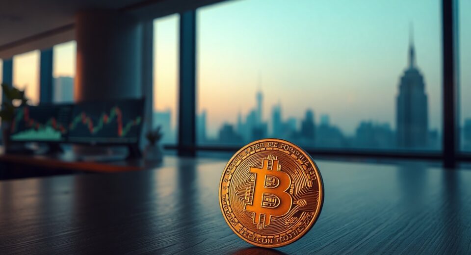 Bitcoin coin on a desk with a blurred financial chart monitor and city skyline in the background
