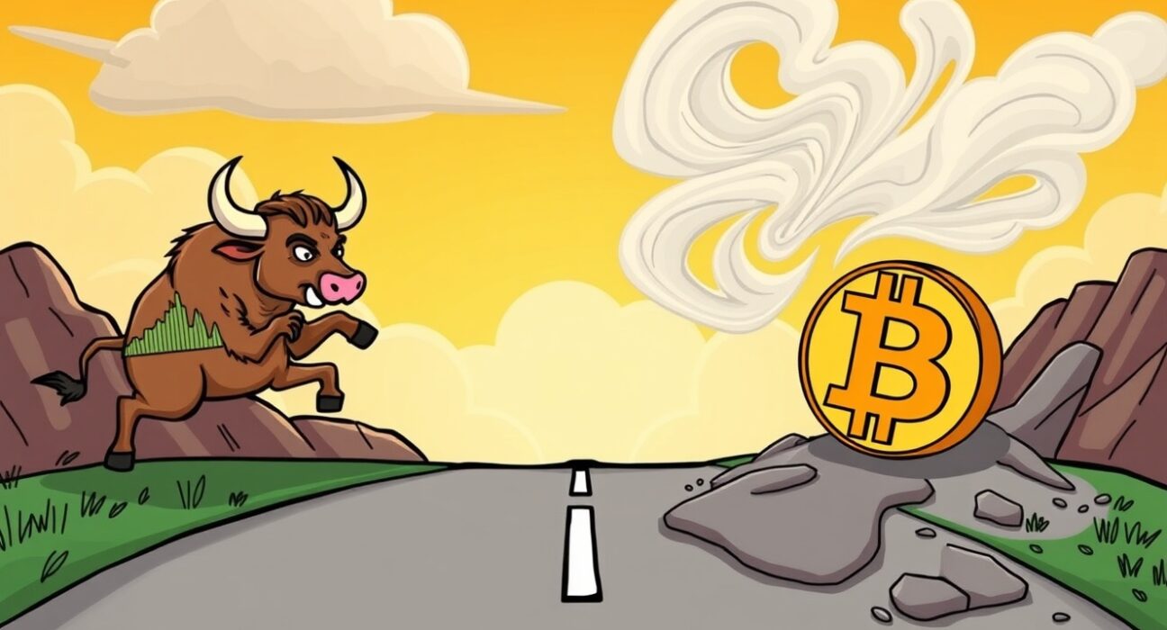 Cartoon illustration of the deepening Bitcoin and US stock market decoupling, showing separate paths.