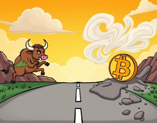 Cartoon illustration of the deepening Bitcoin and US stock market decoupling, showing separate paths.