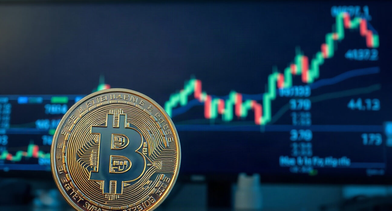 Bitcoin coin with declining volatility chart in background on trading floor