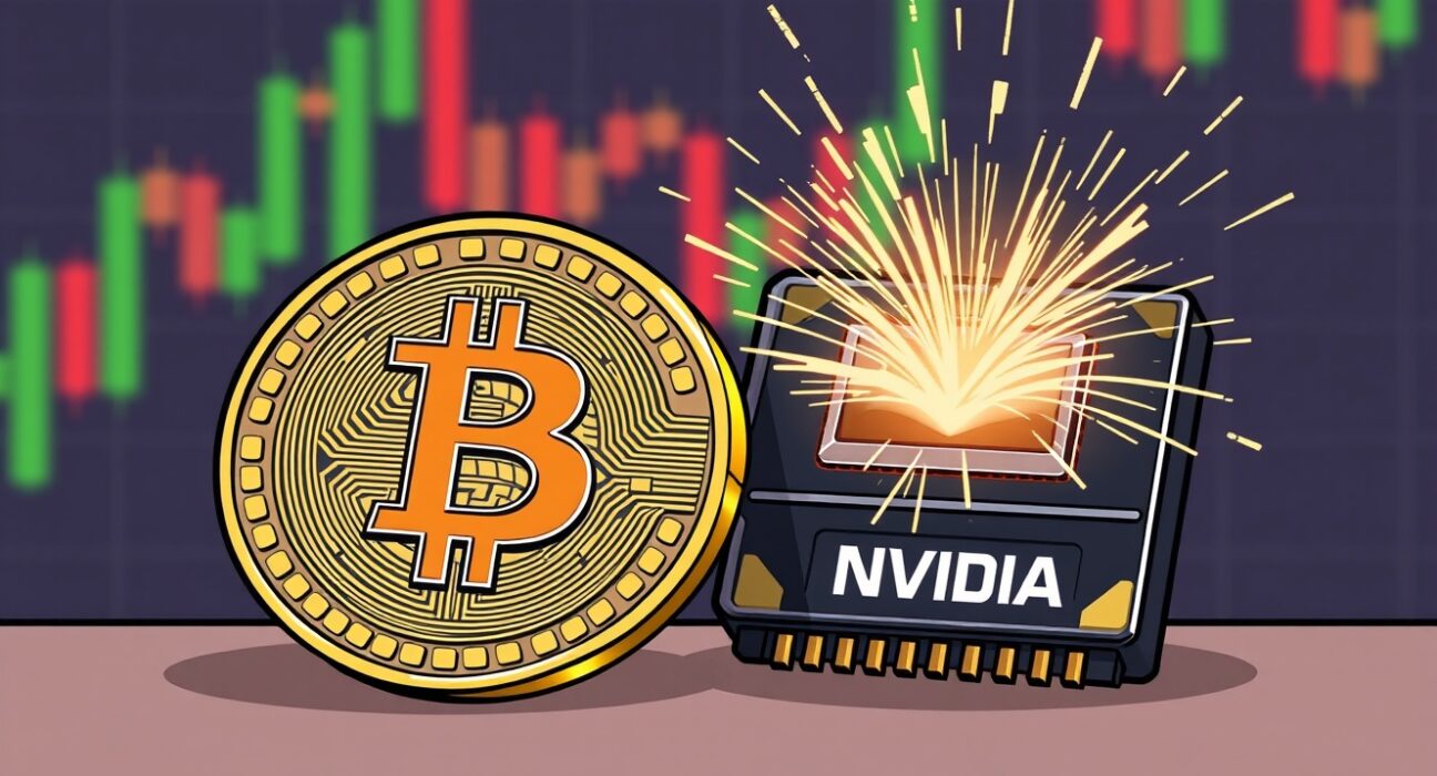 A cartoon illustrating the prediction of lower Bitcoin volatility compared to a tech stock.