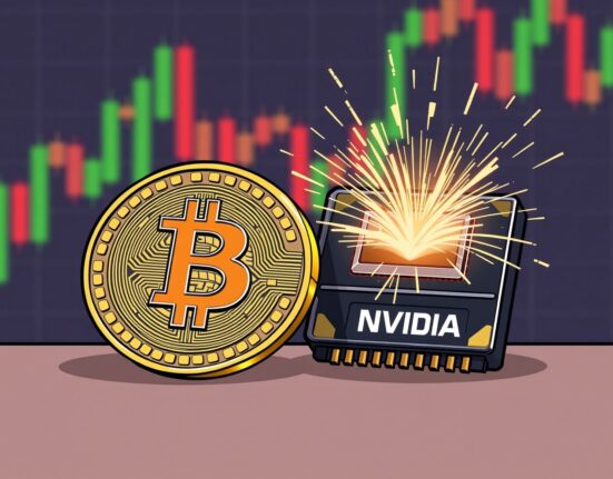 A cartoon illustrating the prediction of lower Bitcoin volatility compared to a tech stock.