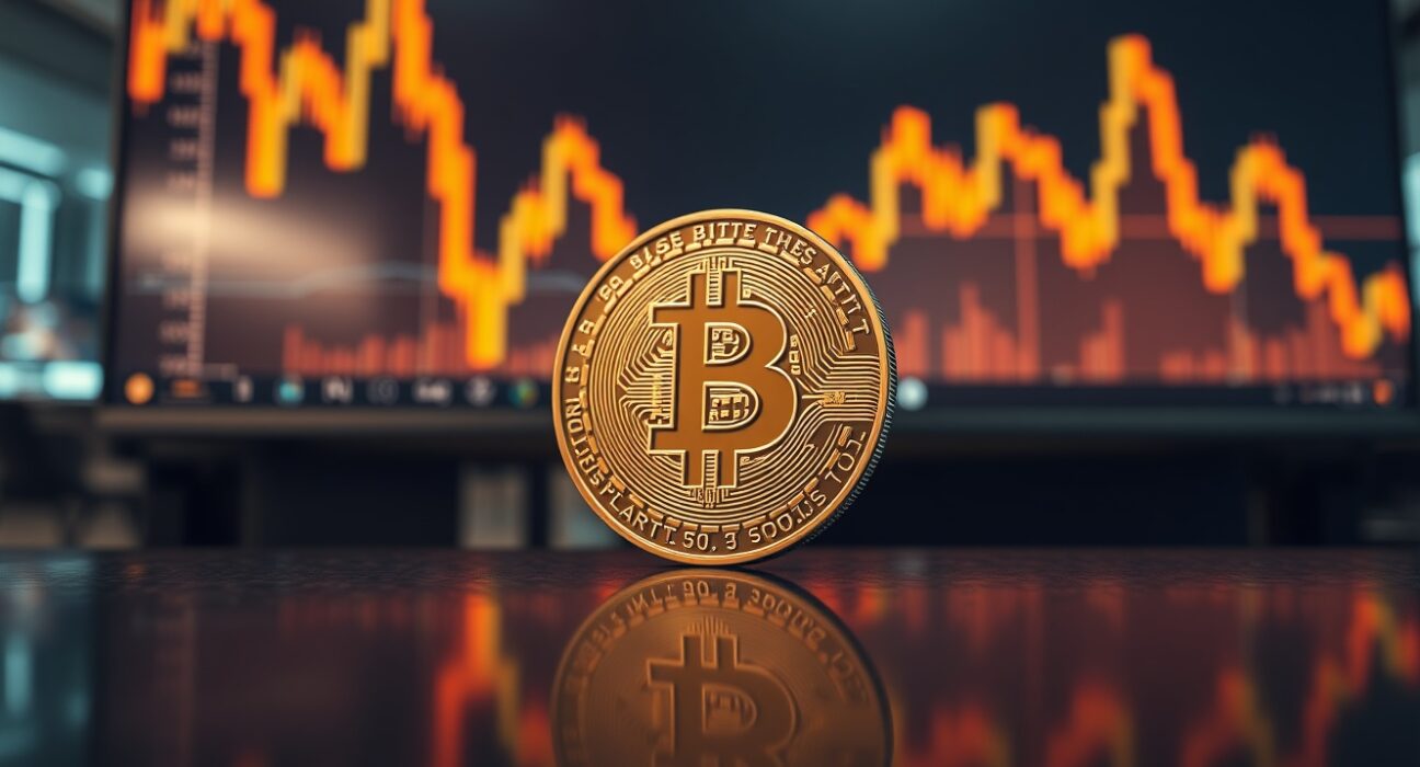 Bitcoin coin on reflective surface with candlestick chart in background