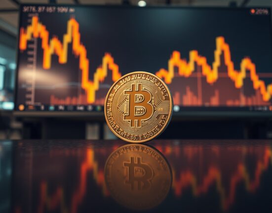 Bitcoin coin on reflective surface with candlestick chart in background