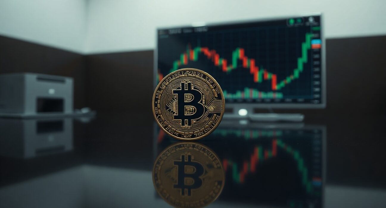 Bitcoin coin in focus with a blurred stock chart in the background, symbolizing market stability and underlying risk.