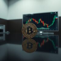 Bitcoin coin in focus with a blurred stock chart in the background, symbolizing market stability and underlying risk.