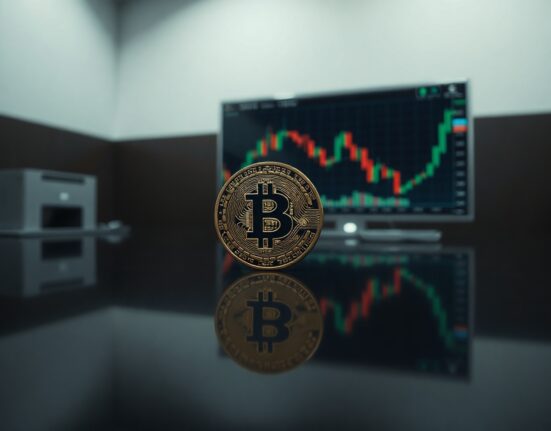 Bitcoin coin in focus with a blurred stock chart in the background, symbolizing market stability and underlying risk.