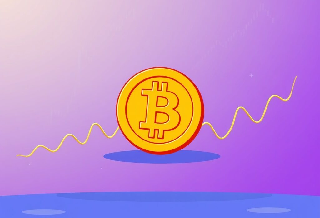 A cartoon illustration depicting a calm Bitcoin coin amidst flattening market lines, symbolizing low Bitcoin volatility.