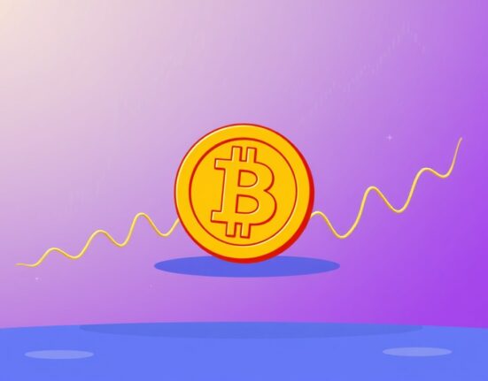 A cartoon illustration depicting a calm Bitcoin coin amidst flattening market lines, symbolizing low Bitcoin volatility.