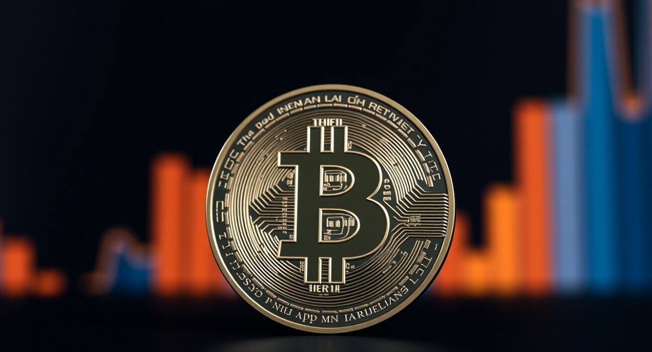 Bitcoin coin centered on dark background with subtle chart lines, representing low volatility and market accumulation.